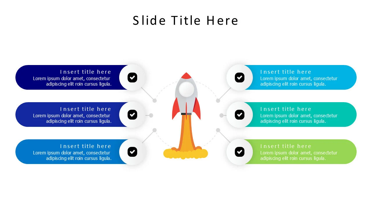 6 points launching rocket with 6 colored stripes infographic