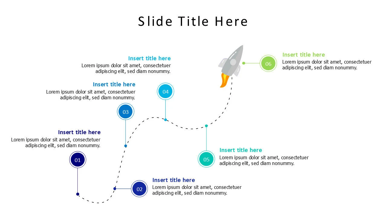 6 points on a dotted line with a flying rocket infographic