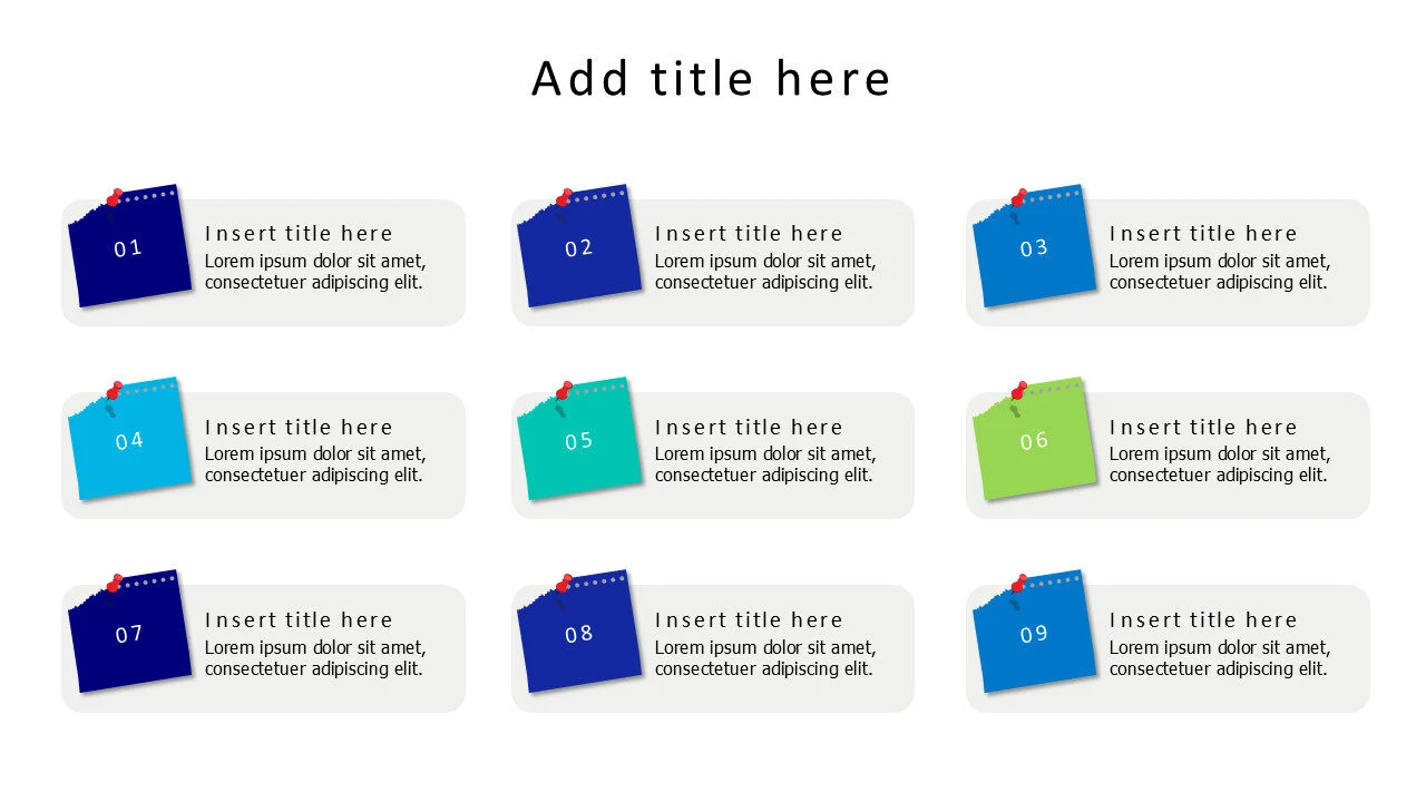 9 sticky notes with pins